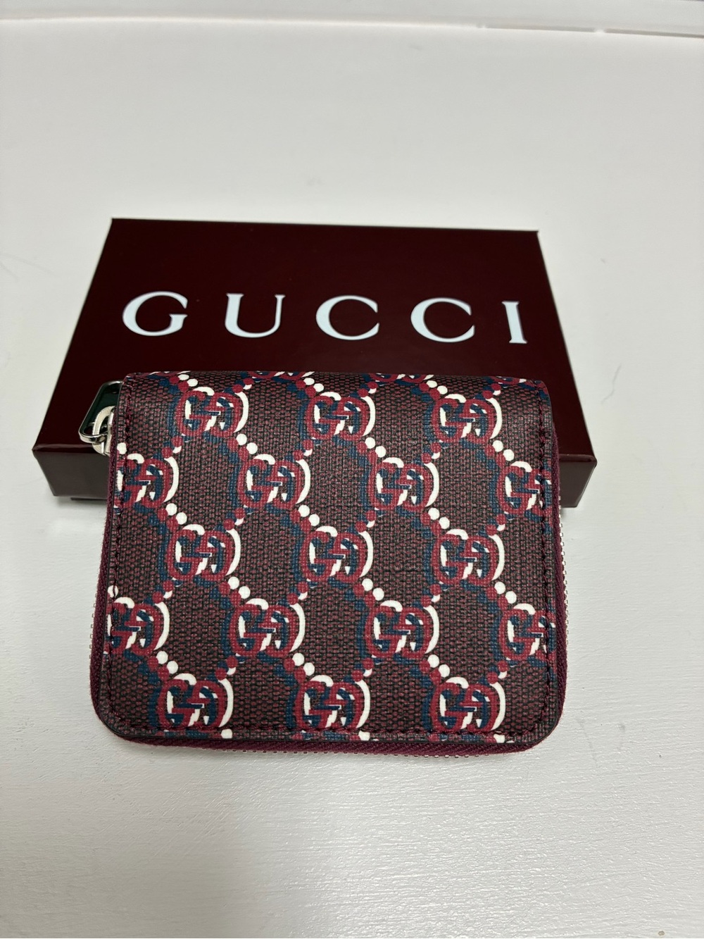 Gucci NWT Burgundy GG Monogram Zip Wallet with Navy and White Accents